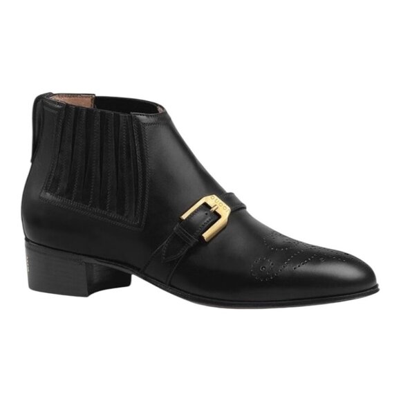 Gucci Brogue Leather Side Gore Chelsea Ankle Boot Womens Sz 39 US 9 Gold Buckle - Picture 1 of 13